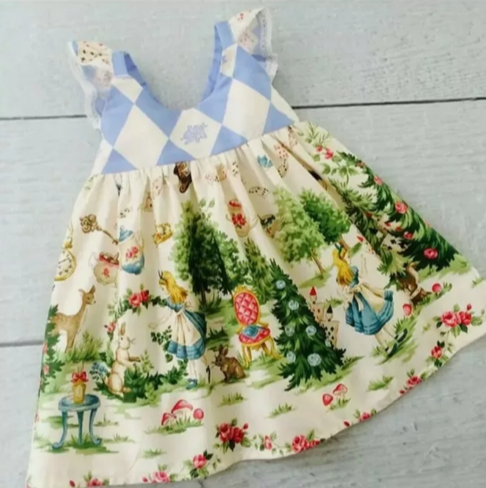 Girls' Alice-Inspired Cream & Blue Printed Casual Dress